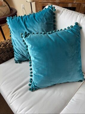 Teal Velvet Pom-Pom Throw Pillow Covers (Pair)